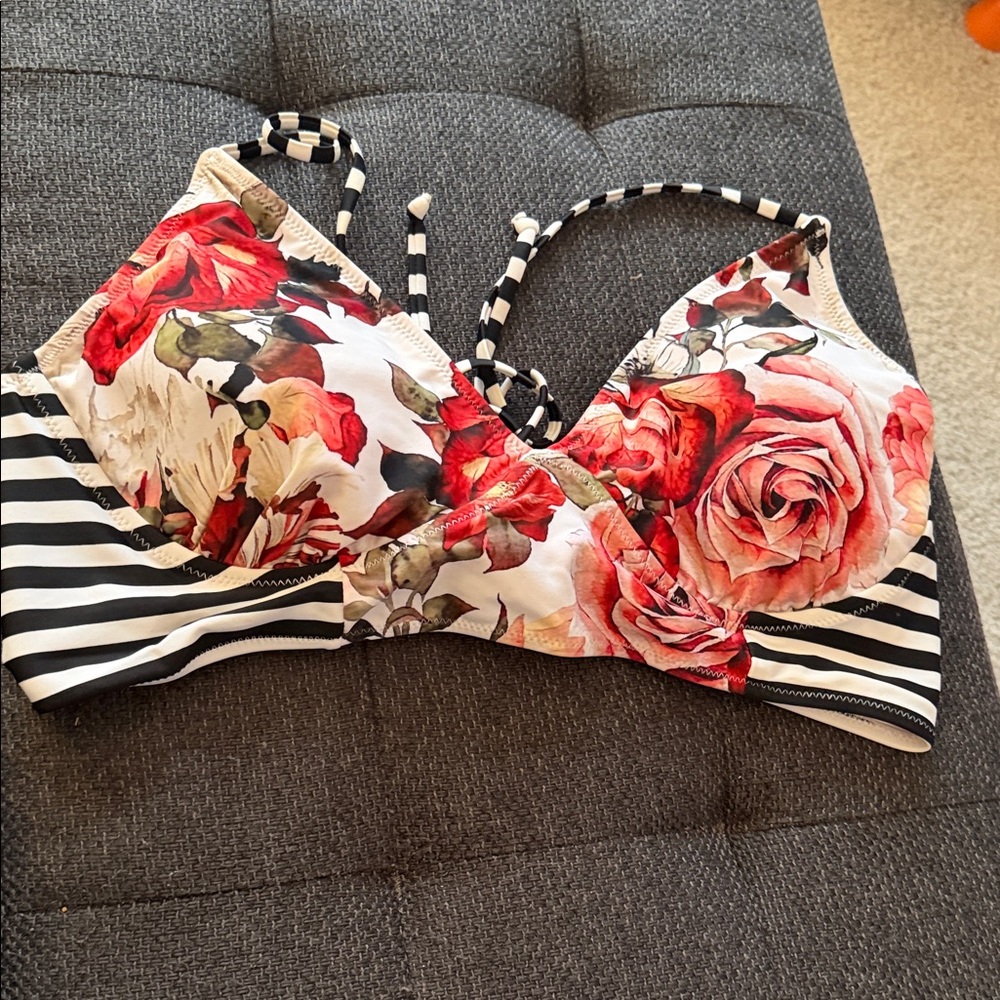 Floral and Striped Bikini Top